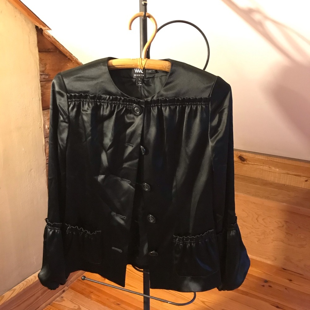 Worth Black Satin Flare Sleeve Jacket, EUC, 4